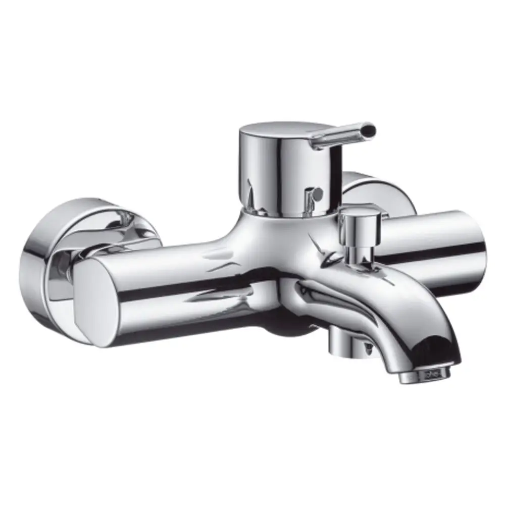 Chromfarbener Einhebel-Wannenmischer von Hansgrohe mit zwei Steuerknöpfen und einem Wasserhahn, zur Wandmontage geeignet.